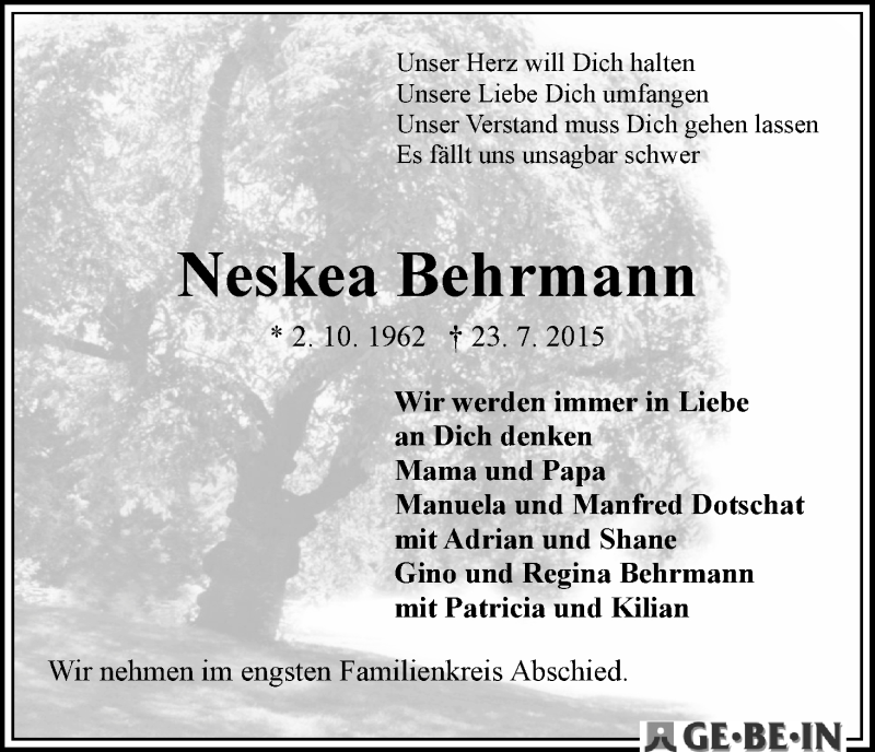 Traueranzeige von Neskea Behrmann von WESER-KURIER