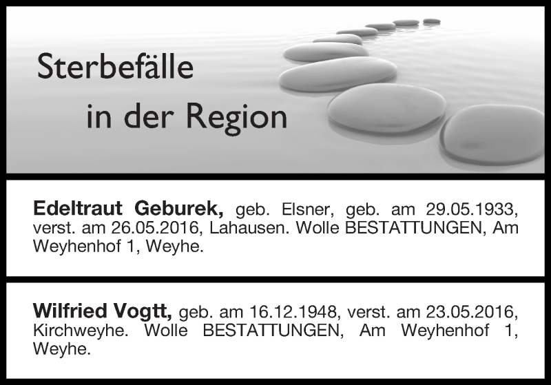 Traueranzeige von Sterbefälle 04.06.16 Syke  Weyhe, Stuhr von Regionale Rundschau/Syker Kurier