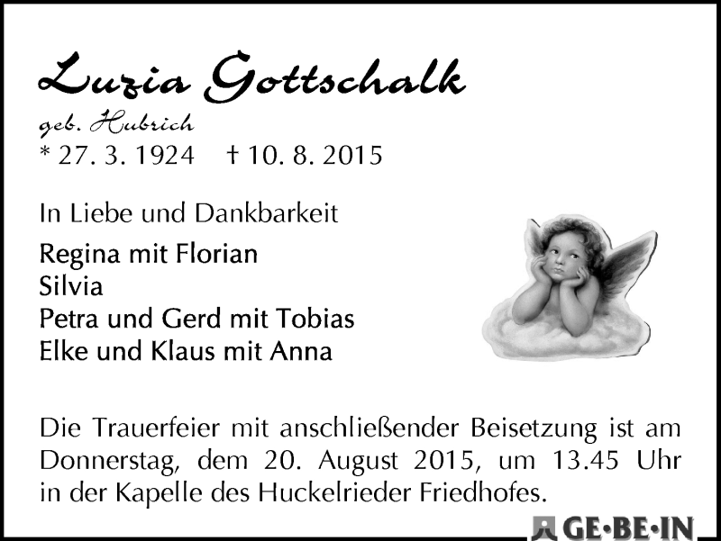 Traueranzeige von Luzia Gottschalk von WESER-KURIER