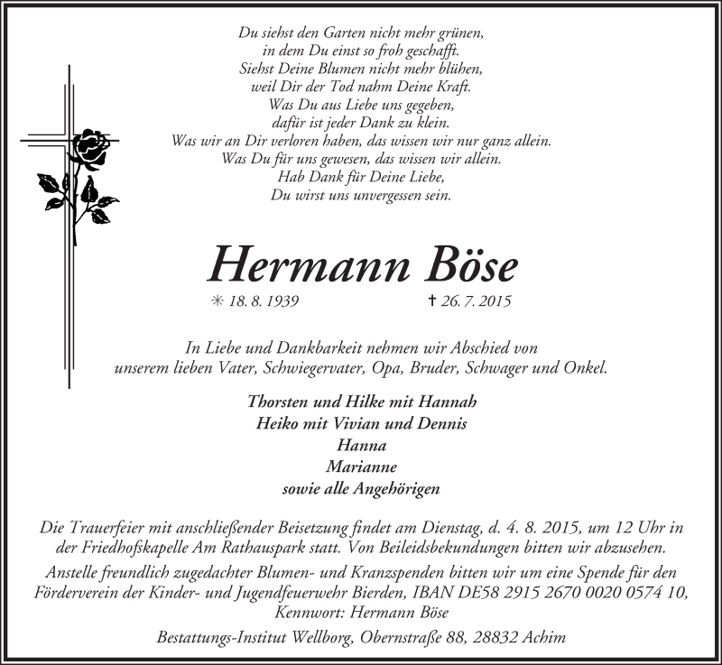 Traueranzeige von Hermann Böse von Achimer Kurier/Verdener Nachrichten