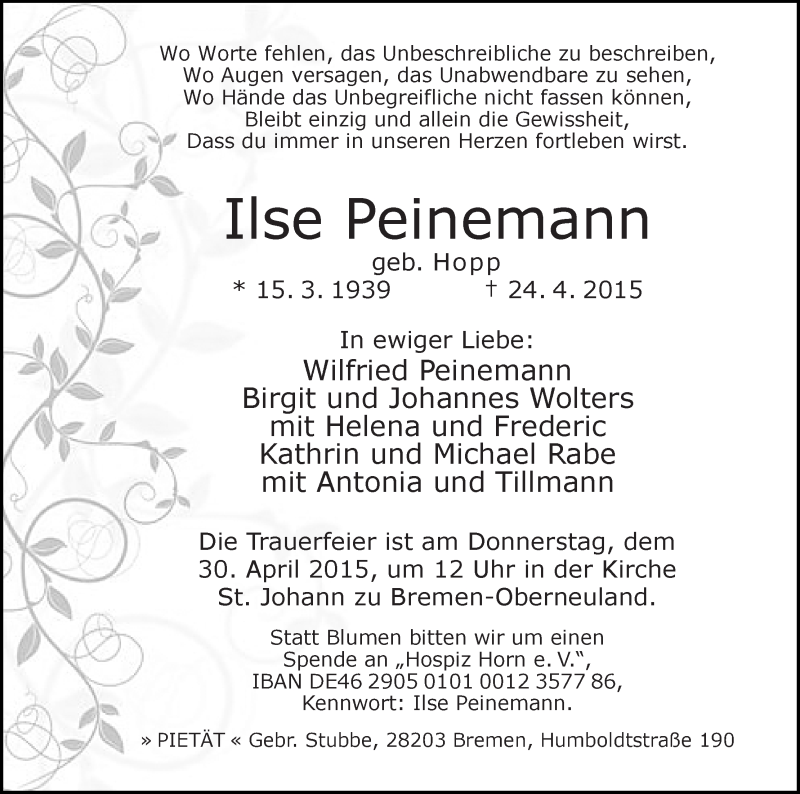 Traueranzeige von Ilse Peinemann von WESER-KURIER