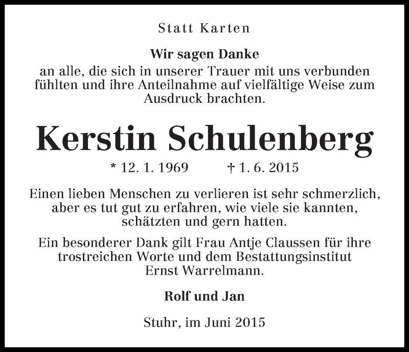 Traueranzeige von Kerstin Schulenberg von Regionale Rundschau/Syker Kurier
