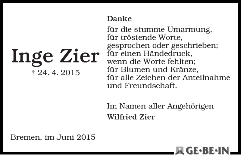 Traueranzeige von Inge Zier von WESER-KURIER