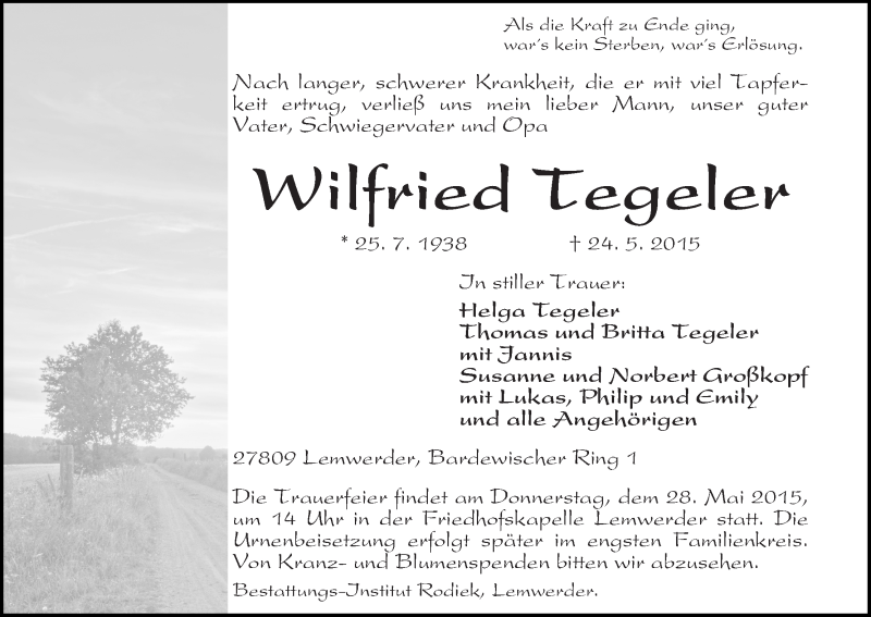 Traueranzeige von Wilfried Tegeler von Die Norddeutsche