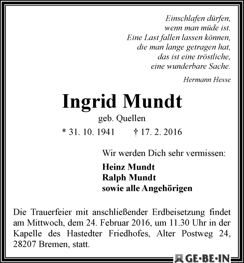 Traueranzeige von Ingrid Mundt von WESER-KURIER