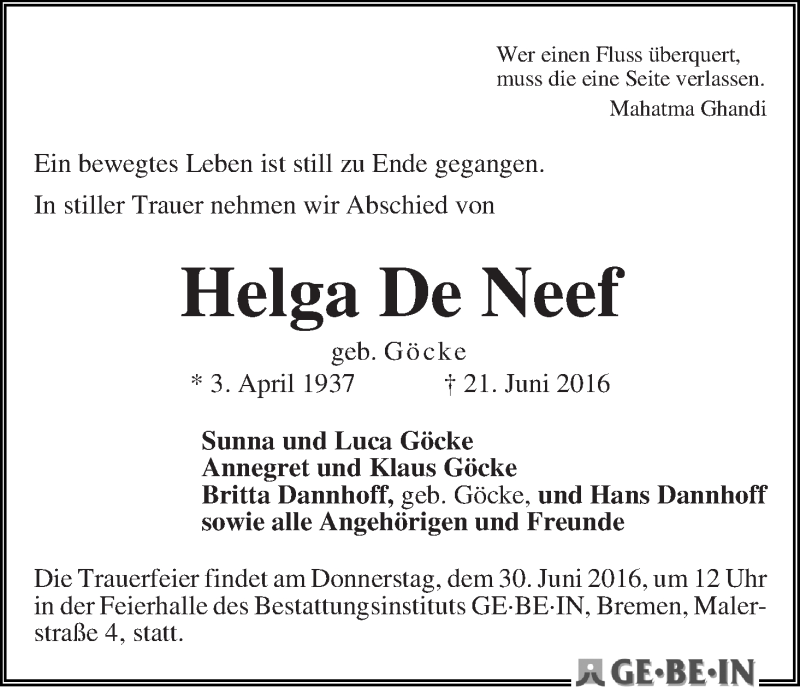 Traueranzeige von Helga De Neef von WESER-KURIER