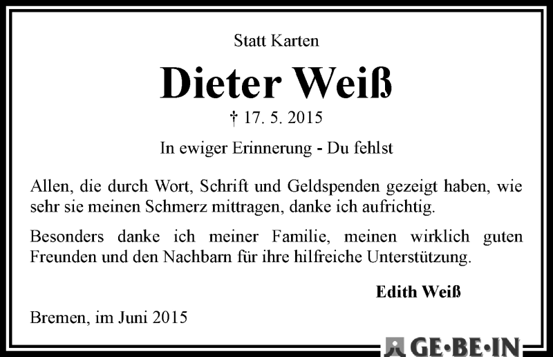 Traueranzeige von Dieter Weiß von WESER-KURIER