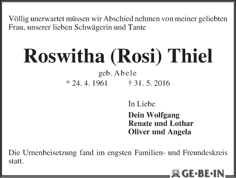 Traueranzeige von Roswitha (Rosi) Thiel von WESER-KURIER