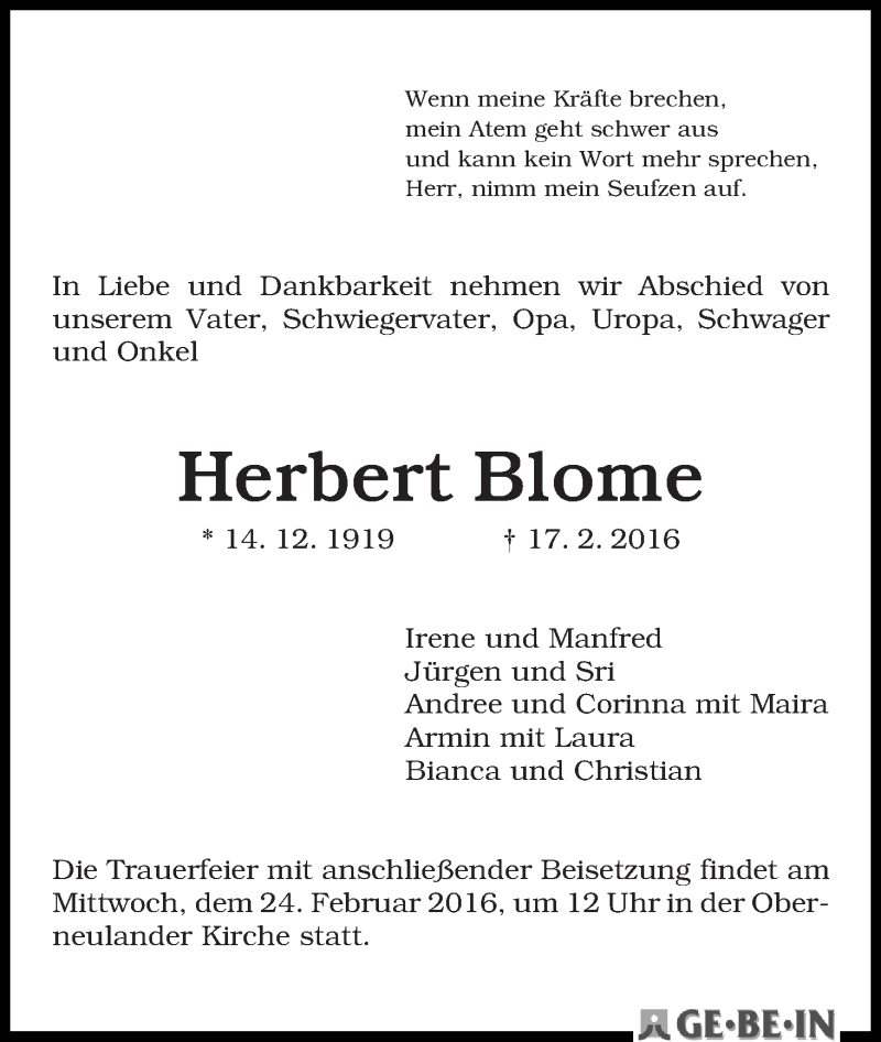 Traueranzeige von Herbert Blome von WESER-KURIER