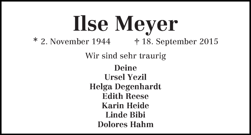 Traueranzeige von Ilse Meyer von WESER-KURIER
