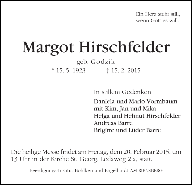 Traueranzeige von Margot Hirschfelder von WESER-KURIER