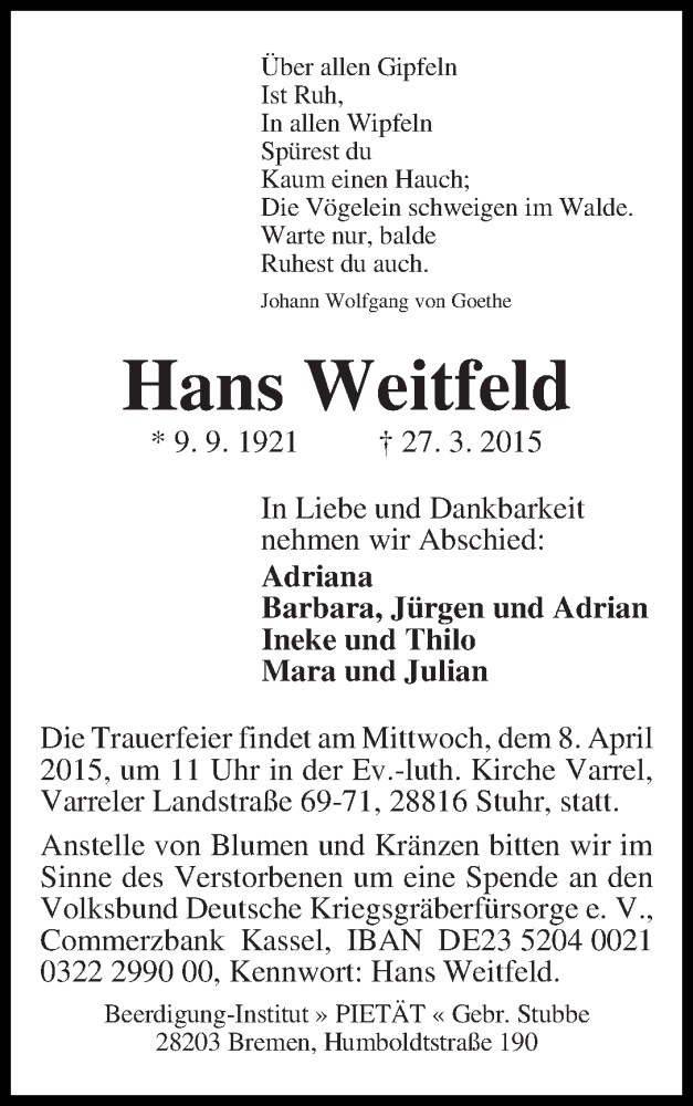Traueranzeige von Hans Weitfeld von WESER-KURIER