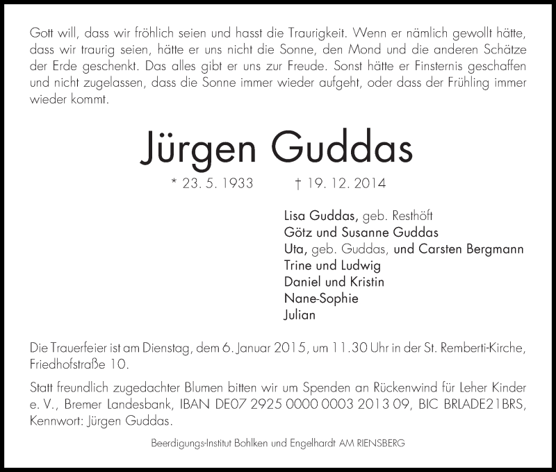 Traueranzeige von Jürgen Guddas von WESER-KURIER