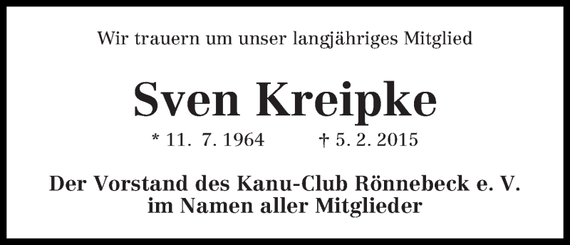 Traueranzeige von Sven Kreipke von Die Norddeutsche