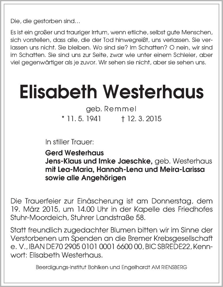 Traueranzeige von Elisabeth Westerhaus von WESER-KURIER
