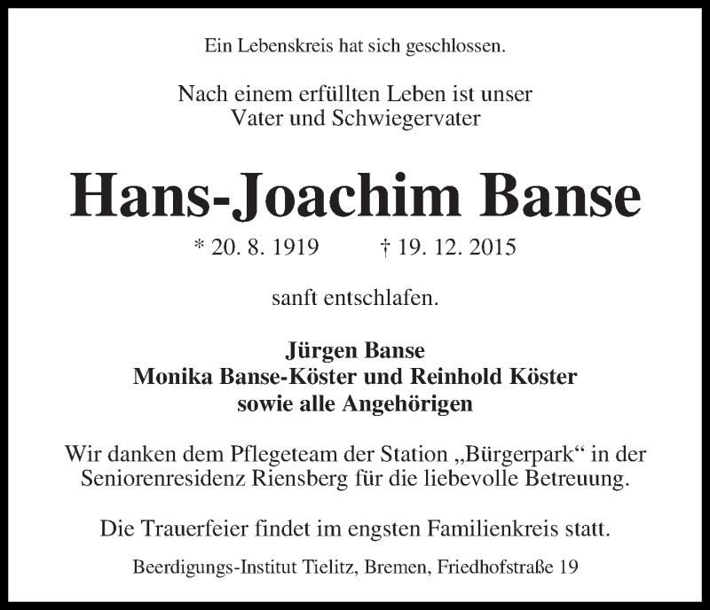 Traueranzeige von Hans-Joachim Banse von WESER-KURIER