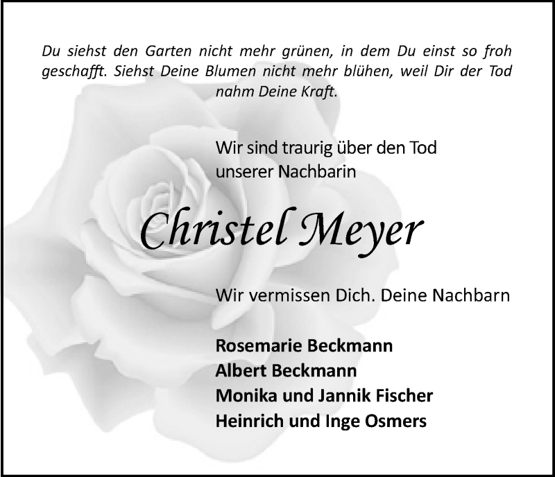 Traueranzeige von Christel Meyer von WESER-KURIER