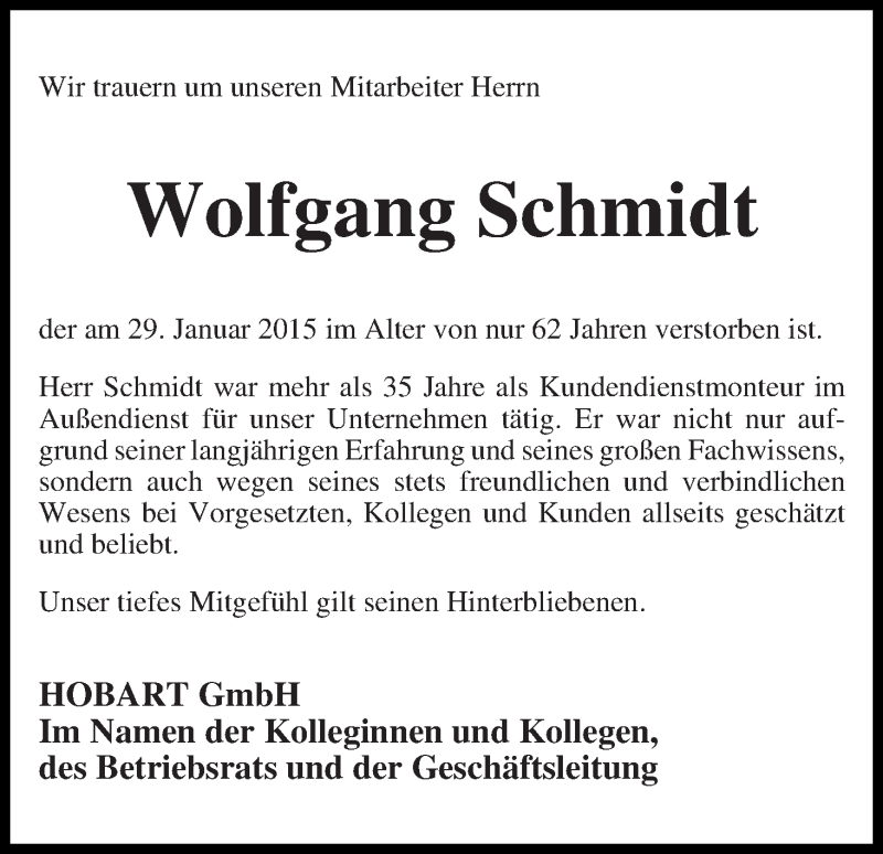 Traueranzeige von Wolfgang Schmidt von Regionale Rundschau/Syker Kurier