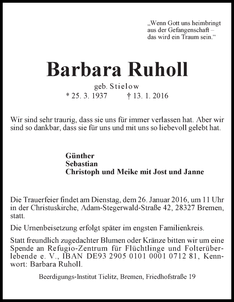 Traueranzeige von Barbara Ruholl von WESER-KURIER