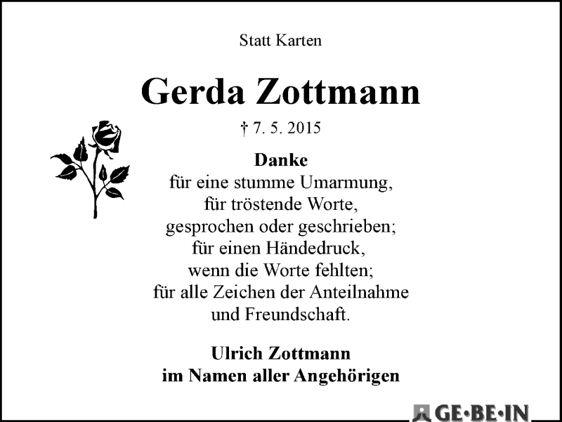 Traueranzeige von Gerda Zottmann von WESER-KURIER