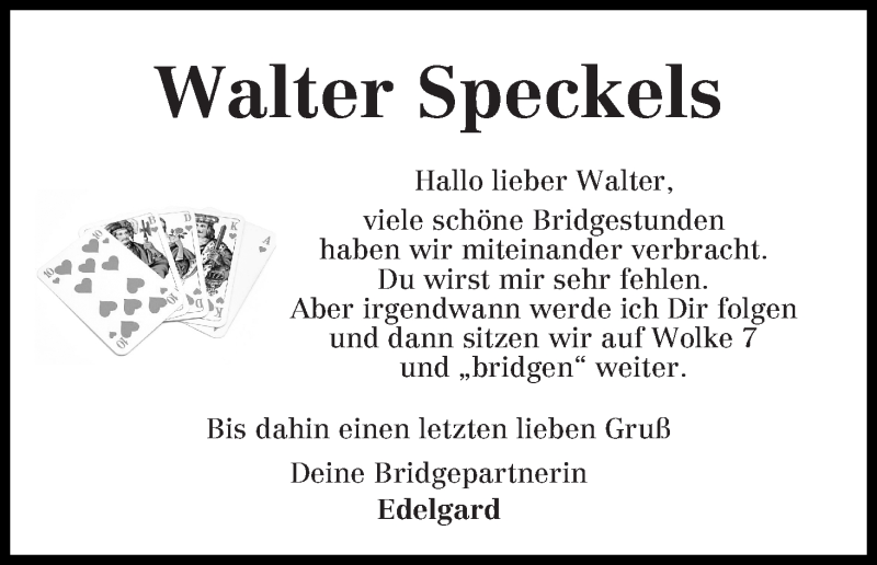 Traueranzeige von Walter Speckels von WESER-KURIER