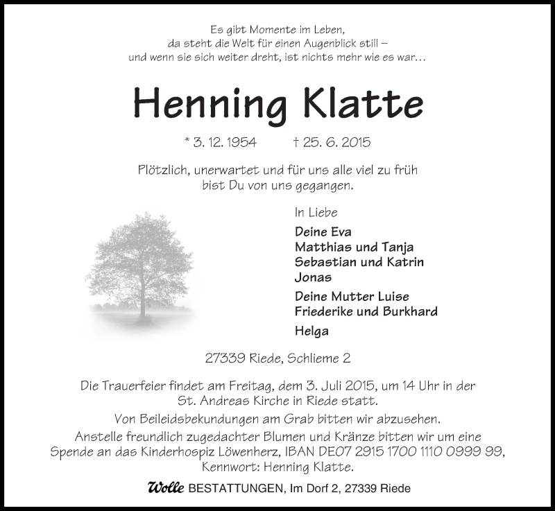 Traueranzeige von Henning Klatte von WESER-KURIER