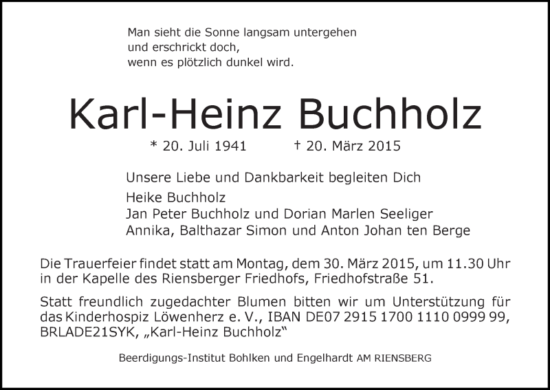 Traueranzeige von Karl-Heinz Buchholz von WESER-KURIER
