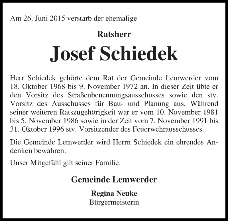Traueranzeige von Josef Schiedek von Die Norddeutsche