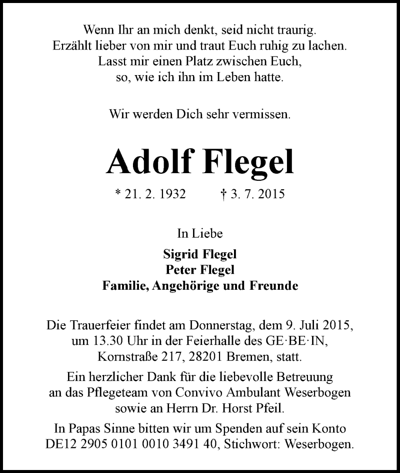Traueranzeige von Adolf Flegel von WESER-KURIER