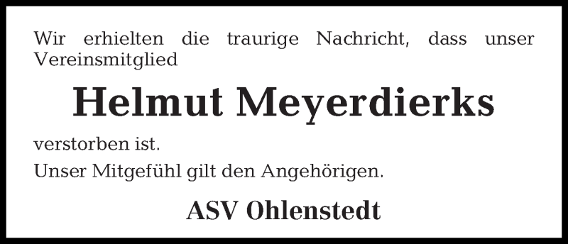 Traueranzeige von Helmut Meyerdierks von Osterholzer Kreisblatt