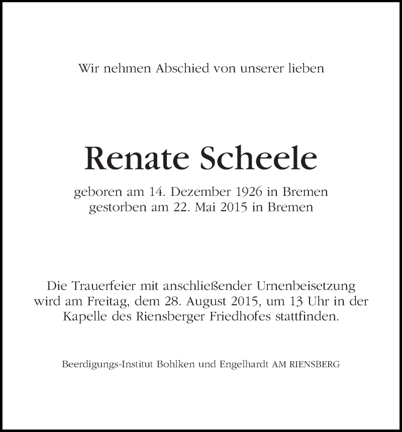Traueranzeige von Renate Scheele von WESER-KURIER
