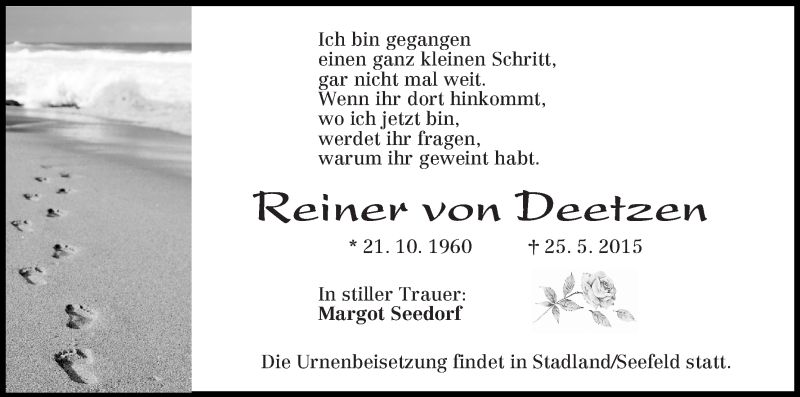 Traueranzeige von Reiner von Deetzen von Osterholzer Kreisblatt