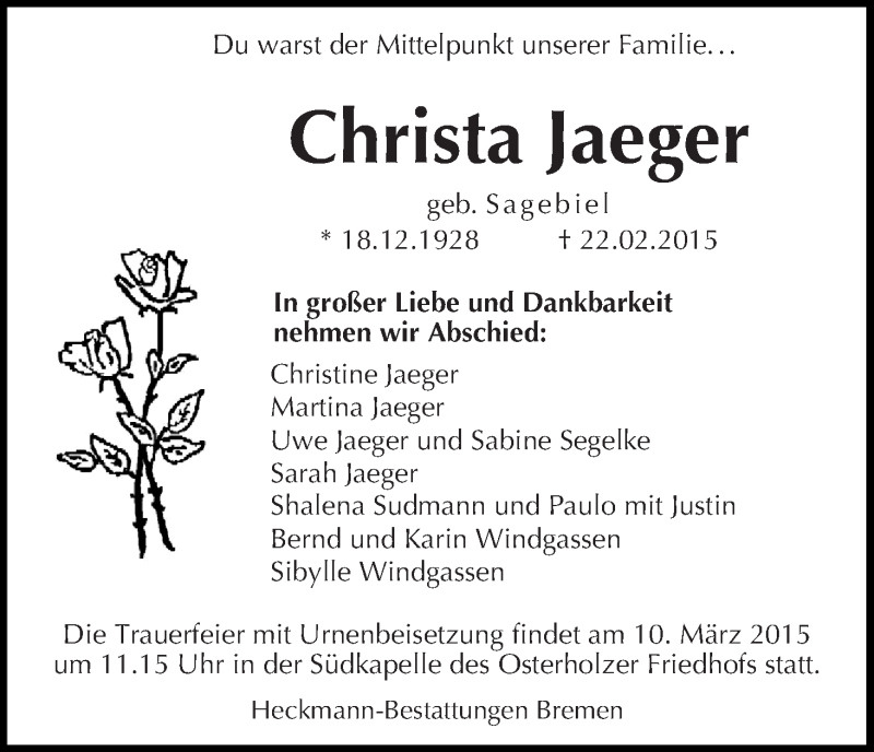 Traueranzeige von Christa Jaeger von WESER-KURIER