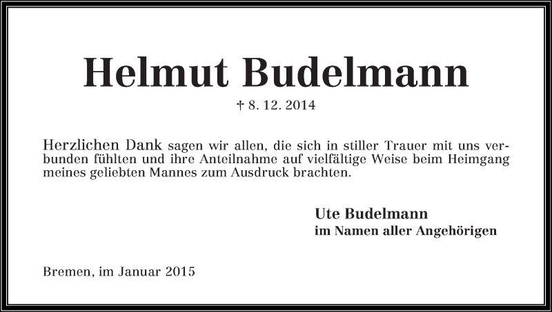 Traueranzeige von Helmut Budelmann von WESER-KURIER