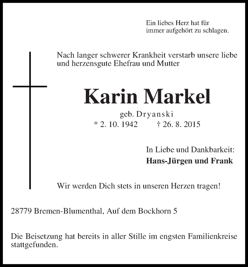 Traueranzeige von Karin Markel von Die Norddeutsche