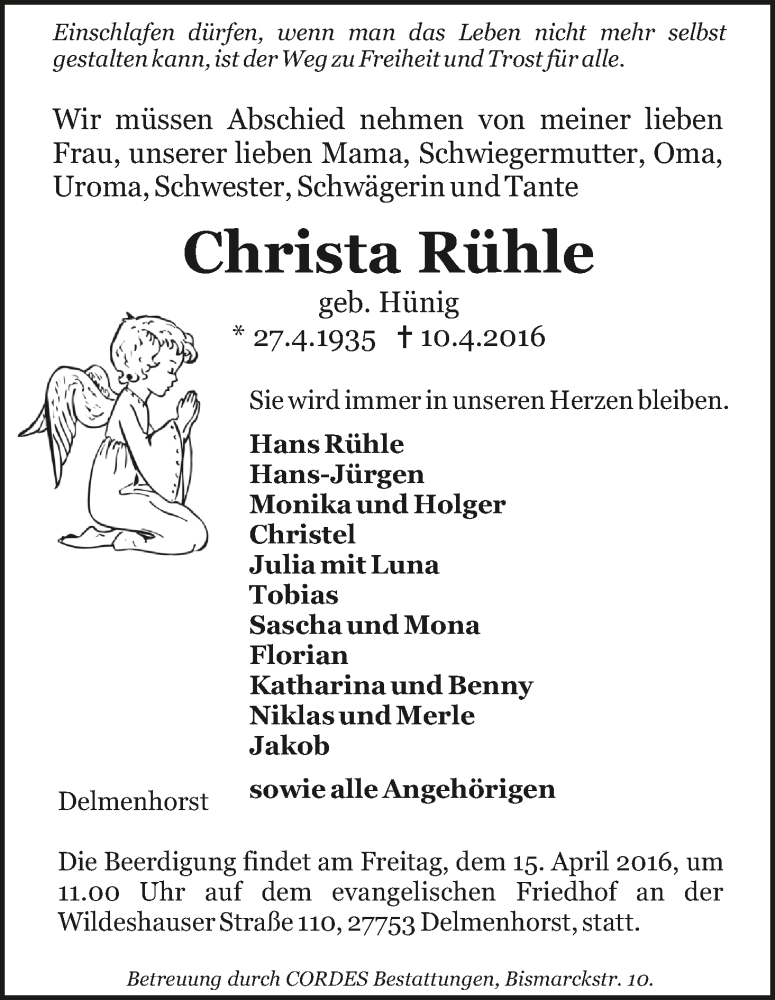 Traueranzeige von Christa Rühle von WESER-KURIER