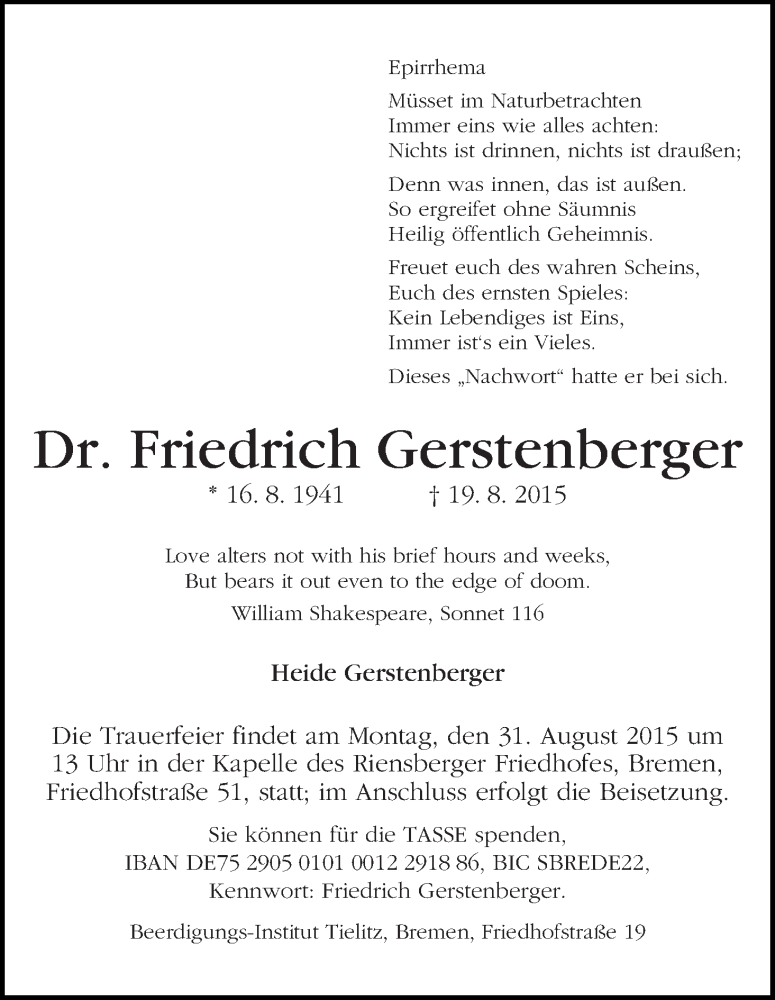 Traueranzeige von Friedrich Gerstenberger von WESER-KURIER