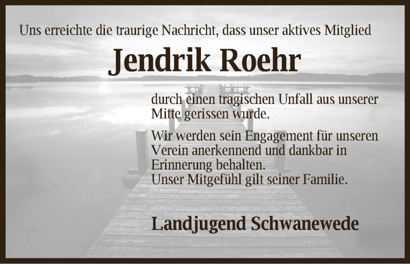 Traueranzeige von Jendrik Roehr von Die Norddeutsche