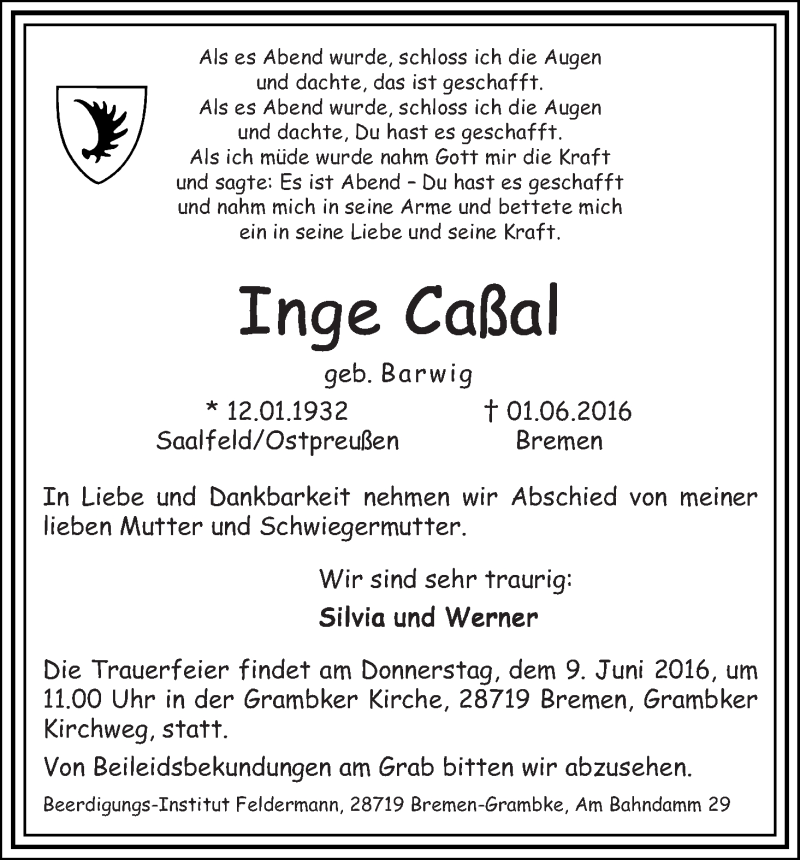 Traueranzeige von Inge Caßal von WESER-KURIER