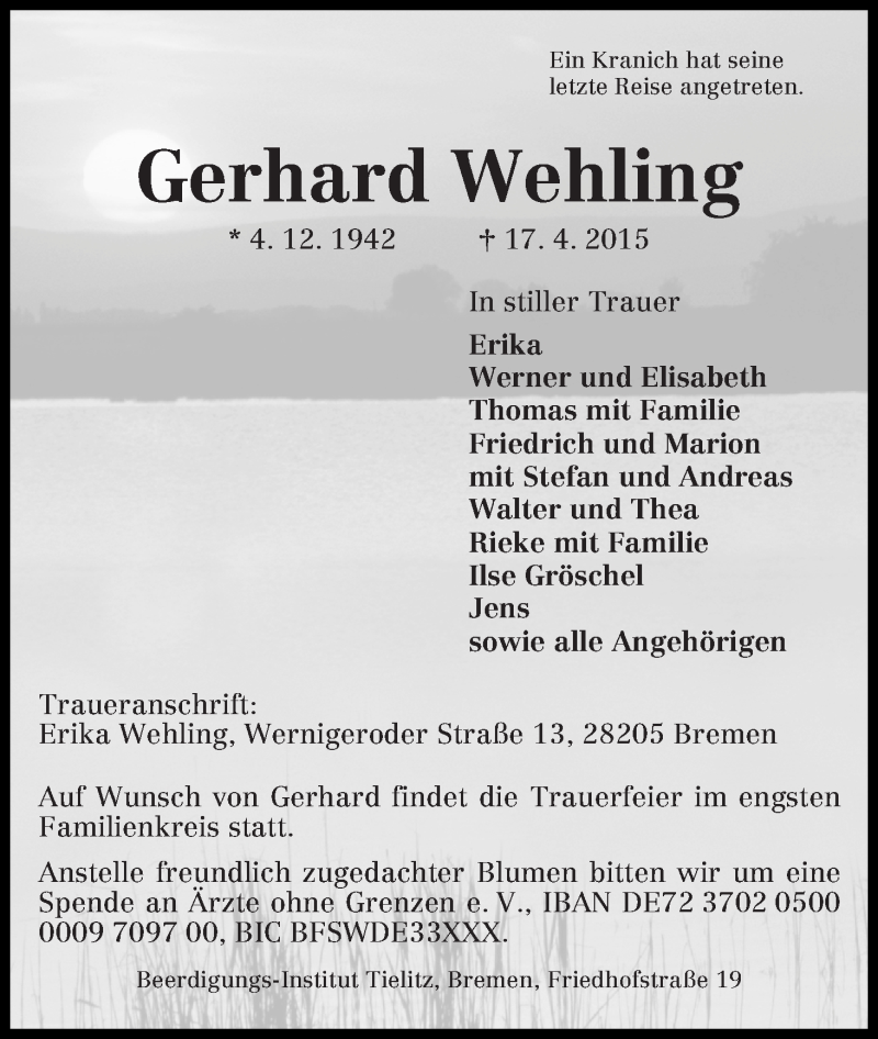 Traueranzeige von Gerhard Wehling von WESER-KURIER