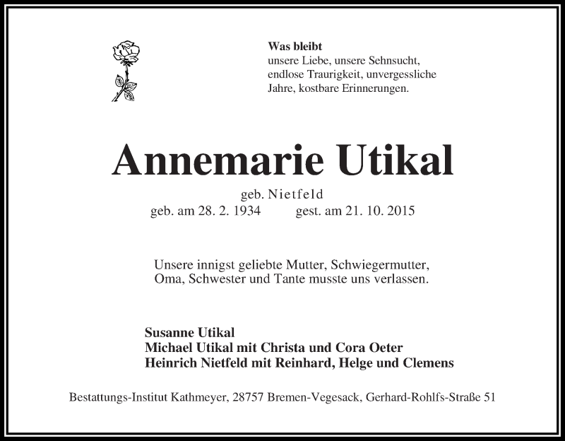 Traueranzeige von Annemarie Utikal von WESER-KURIER