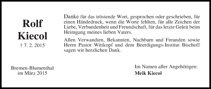 Traueranzeige von Rolf Kiecol von Die Norddeutsche