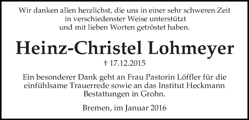 Traueranzeige von Heinz-Christel Lohmeyer von Die Norddeutsche