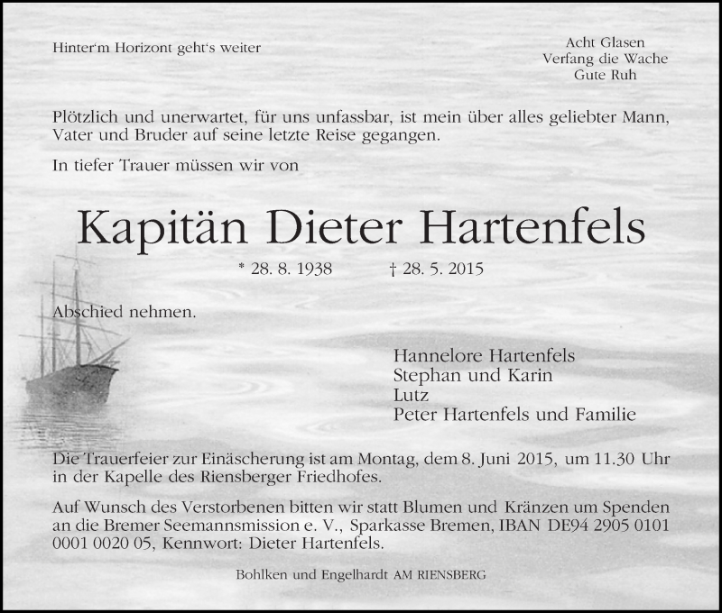 Traueranzeige von Dieter Hartenfels von WESER-KURIER