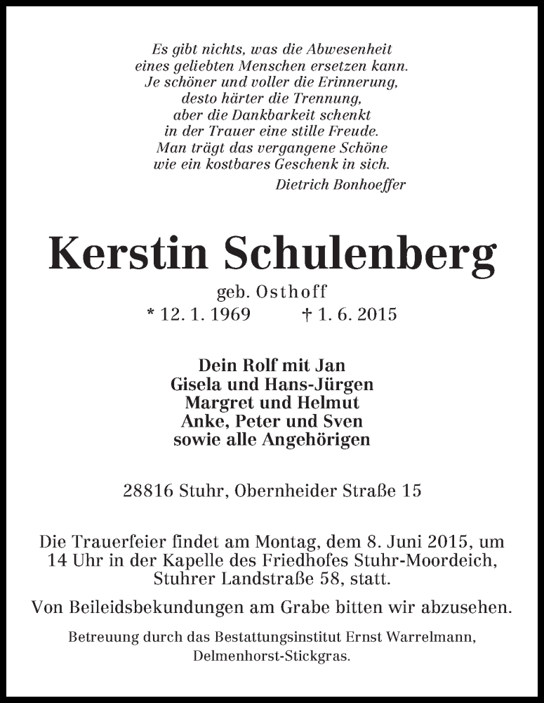 Traueranzeige von Kerstin Schulenberg von Regionale Rundschau/Syker Kurier