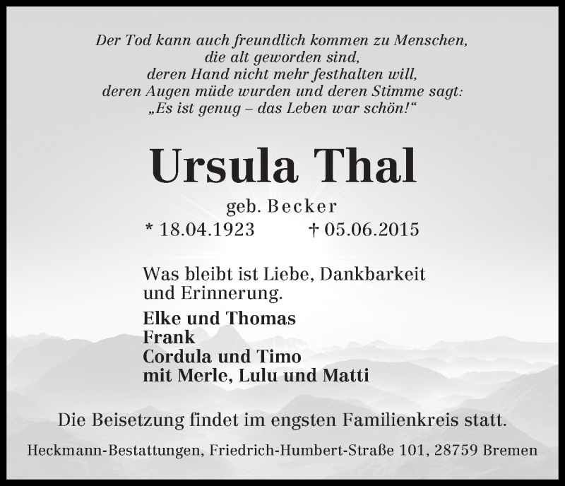 Traueranzeige von Ursula Thal von Die Norddeutsche