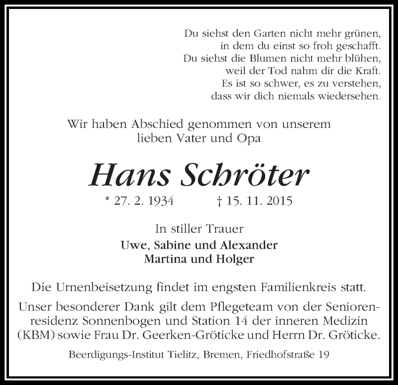 Traueranzeige von Hans Schröter von WESER-KURIER