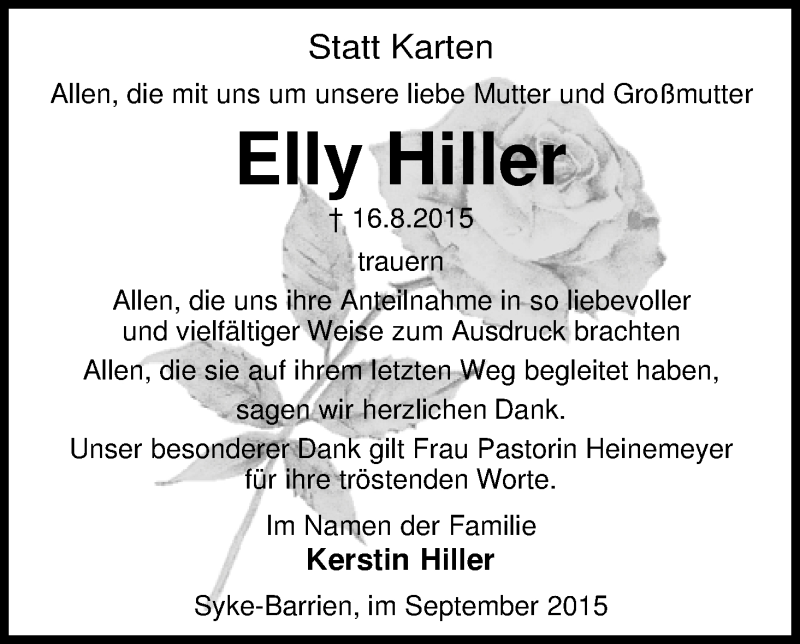 Traueranzeige von Elly Hiller von Regionale Rundschau/Syker Kurier