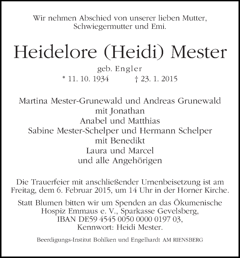 Traueranzeige von Heidelore (Heidi) Mester von WESER-KURIER