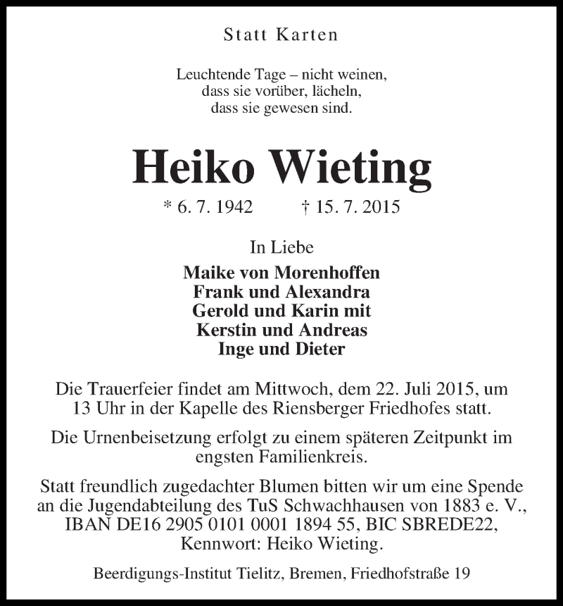 Traueranzeige von Heiko Wieting von WESER-KURIER